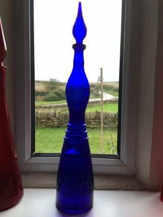 Large Tall Vintage Mcm Italian Empoli Glass Genie Bottle With Face Cobalt Blue