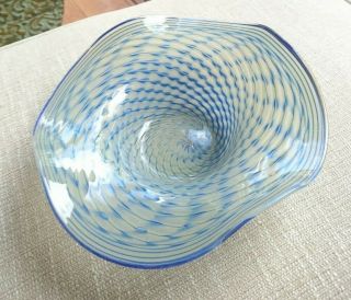 Delicately Fluted Glass Bowl By Erwin Eisch 1987,  Blue/white Feathered Design 28