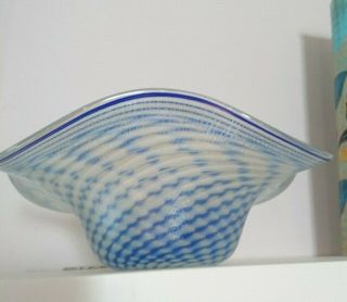 Delicately fluted Glass Bowl by Erwin Eisch 1987,  Blue/white feathered design 28 2