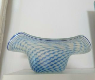 Delicately fluted Glass Bowl by Erwin Eisch 1987,  Blue/white feathered design 28 3