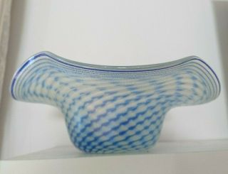 Delicately fluted Glass Bowl by Erwin Eisch 1987,  Blue/white feathered design 28 4