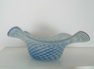 Delicately fluted Glass Bowl by Erwin Eisch 1987,  Blue/white feathered design 28 5