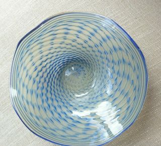 Delicately fluted Glass Bowl by Erwin Eisch 1987,  Blue/white feathered design 28 7