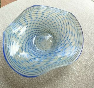 Delicately fluted Glass Bowl by Erwin Eisch 1987,  Blue/white feathered design 28 8