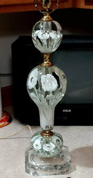 Vintage St Clair White Flower Paperweight Table Parlor Lamp Huge & Heavy