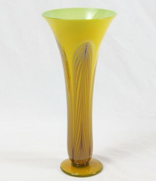 Rick Strini Art Glass 14” Yellow Pulled Feather Vase Signed 1997 Iridescent