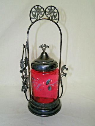 Victorian Era Antique Cranberry Glass Pickle Castor W/silver Plate Holder &tongs
