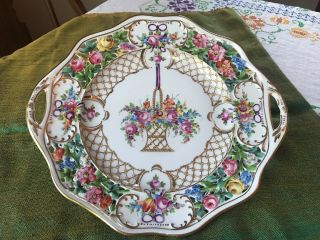 Carl Thieme Dresden Cake Plate Basket Of Flowers & Bow 11 1/4”