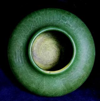 Matte Green Hampshire Pottery Bowl w Arts & Crafts Panels & Label 5