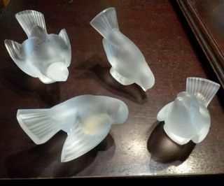 Lalique Sparrow Birds Frosted Glass Sculpture Paperweights France Signed Art Set