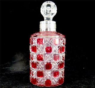 M037 Antique Baccarat Cranberry Hobnail Cut To Clear Glass Perfume Bottle Silver