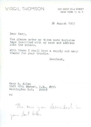 S701.  Virgil Thomson Composer,  Letter On Personal Stationary Dated 8/26/1971.  Vi