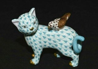 Herend,  Cat & Bird Porcelain Figurine Custom Aqua & Chocolate Fishnet,  Limited