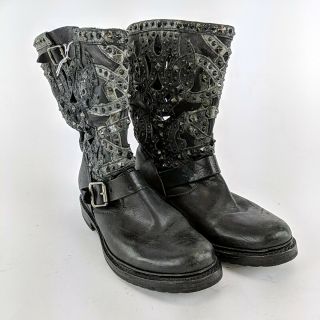 Miranda Lambert Frye Black Leather Studded Cowboy Boots No Size