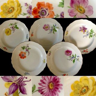 5 Antiques Meissen Porcelain Plates Flowers