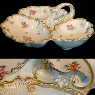 Antique Large Serving Scalloped - Shell Meissen Porcelain Flowers Insects