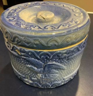 Antique Blue & White Eagle Stoneware Butter Crock 1900s With Lid