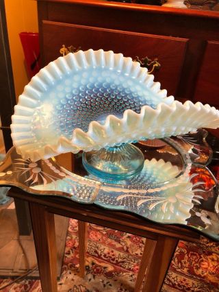 Scarce Lovely Large12 " Fenton Blue Opalescent Hobnail Footed Banana Boat