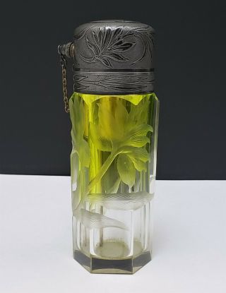 Antique Victorian Moser Intaglio Cut Glass Atomizer Perfume Bottle W Silver Cap