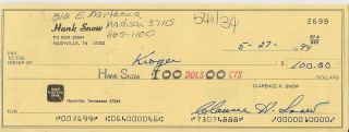 Grand Ole Opry Legend Hank Snow Signed Check