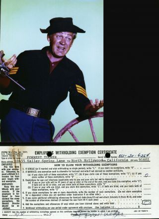Forrest Tucker Signed W - 4 Form (1969) W/ 5x7 Color Photo From " F - Troop "