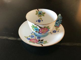 Aynsley Butterfly Handle England Bone China Cup Saucer Teacup 1 Flowers