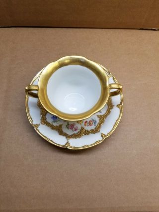 Antique Meissen Two Handle Cup With Saucer,  German Flowers With Insects.