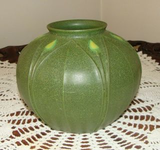 Arts And Clay Jemerick Pottery Matte Green Vase With Yellow Buds 5 And 1/4 Inche