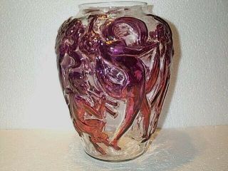Phoenix Consolidated Ruby Dancing Nude Nymphs Art Deco Glass Vase Reuben Haley