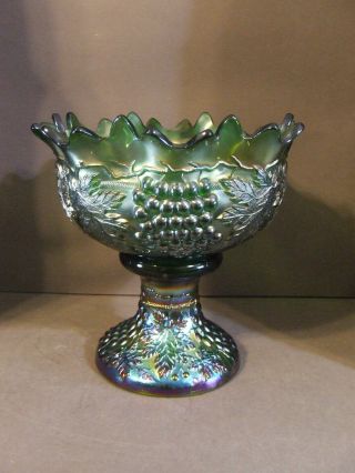 Antique Vtg Northwood Grape & Cable Green Carnival Glass Punch Bowl (2 Pc)