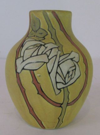 Antique Weller Pottery Arts And Crafts Vase Etched Matt Rose Design 6.  5” Tall
