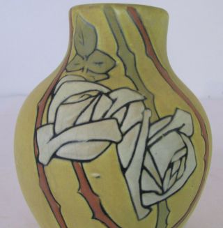 Antique Weller Pottery Arts and Crafts Vase Etched Matt Rose Design 6.  5” Tall 5