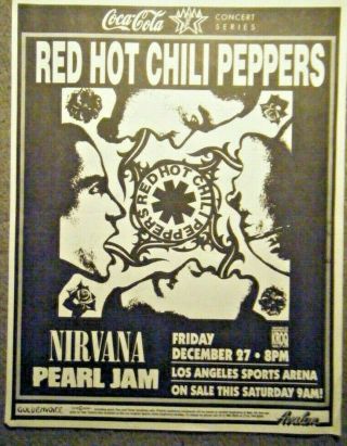 NIRVANA,  PEARL JAM,  R.  H.  CHILI PEPPERS orig flyer 12/ 27/ 1991 L.  A.  Sports Arena 2