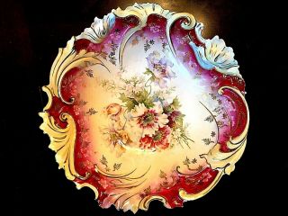 C.  1900 S&t - Rs Prussia 10.  5 " Scallop Edge Bowl - Gold Ruby Pinks - Florals -