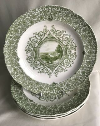 Antique Romantic Staffordshire Green Transferware Plates Copeland C1833 X5