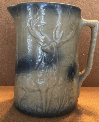 Antique Blue And White Deer Stag Elk Salt Glaze Pitcher 8 - 3/8”