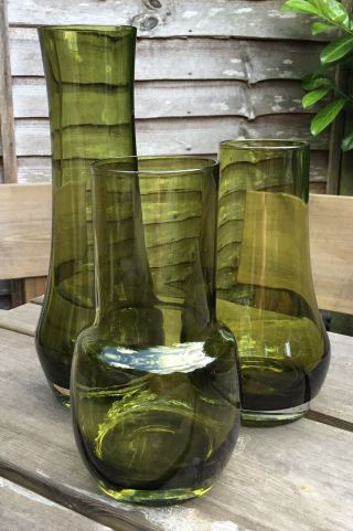 Group Of 3 Vintage Retro Midcentury Riihimaki Tamara Aladin Green Glass Vases