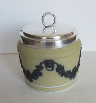 Rare Wedgwood Yellow Buff With Black Jasperware Jam Preserve Pot Silverplate Lid