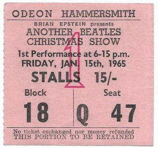 Beatles Concert Ticket,  London Uk 1965 John Lennon,  Paul Mccartney Tour