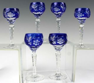 Set 6 Bohemian Czech Crystal Cobalt Blue Cut To Clear Liquor Cordial Glasses Vcb