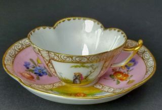 Antique Dresden Quatrefoil Porcelain Pink Cup Saucer Hand Painted Lovers