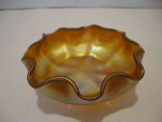 Vintage Signed LCT Tiffany Favrile Gold Iridescent Art Glass Salt Cellar Antique 2