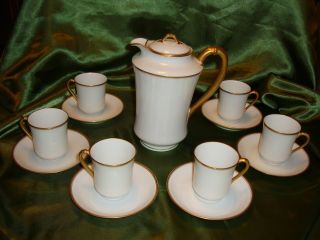 Haviland Limoges France Chocolate / Coffee / Tea Set,  Pot & 6 Cups,  White & Gold