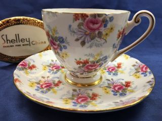 Shelley Georigan Chintz Ripon Shape Footed Cup And Saucer 14273 Gold Trim