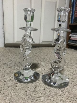 Waterford Signed Crystal Seahorse 11.  5 " Candlestick Candle Holders Pair Set Of 2