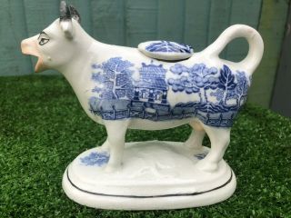 19thc Staffordshire Lidded Cow Creamer,  Blue Willow Decoration C1880s