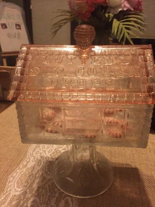 Vintage Lutted’s Glass House Candy Holder Cough Drops Antique Pink Stand White