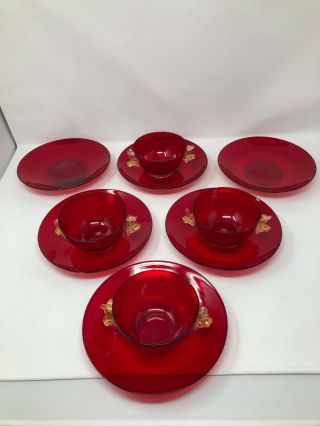 Salviati Murano Dolphin Handle Red Gold Flakes 4 Dessert Cups & 6 Plates