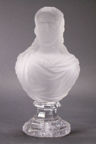 Vintage Baccarat Depose Frosted Crystal Glass Bust Of Jesus On Pedestal
