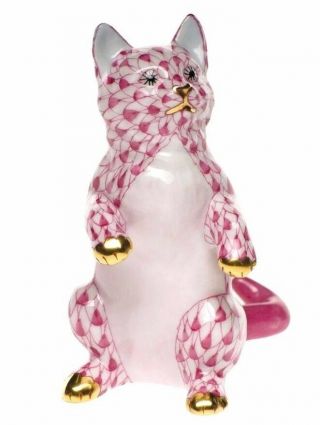 Herend,  Kitten / Cat Standing Porcelain Figurine,  Raspberry Fishnet,  Flawless